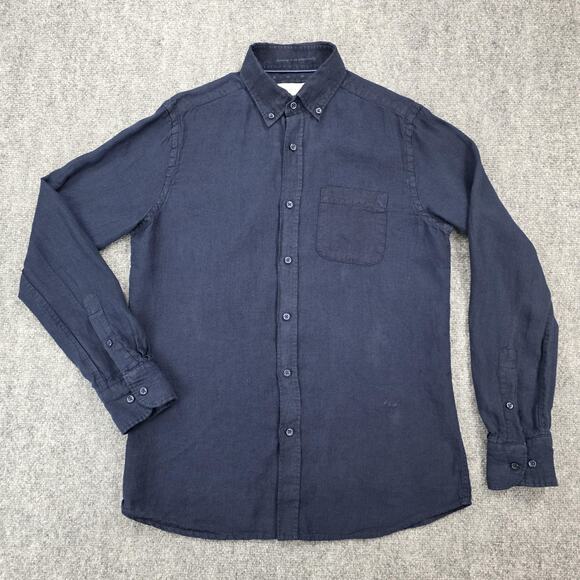 Porter & Ash Shirt Mens Small Navy Blue Linen Button Down Long Sleeve Casual - Picture 2 of 16